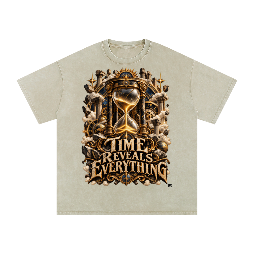 Time Reveals Everything - Snow Washed Oversized Cotton Graphic T-Shirt