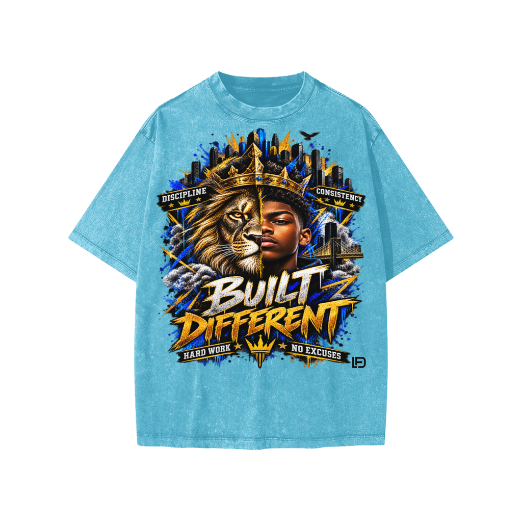 Kids & Teens Built Different: Crowned Duality Snow Washed Oversized Cotton T-Shirt