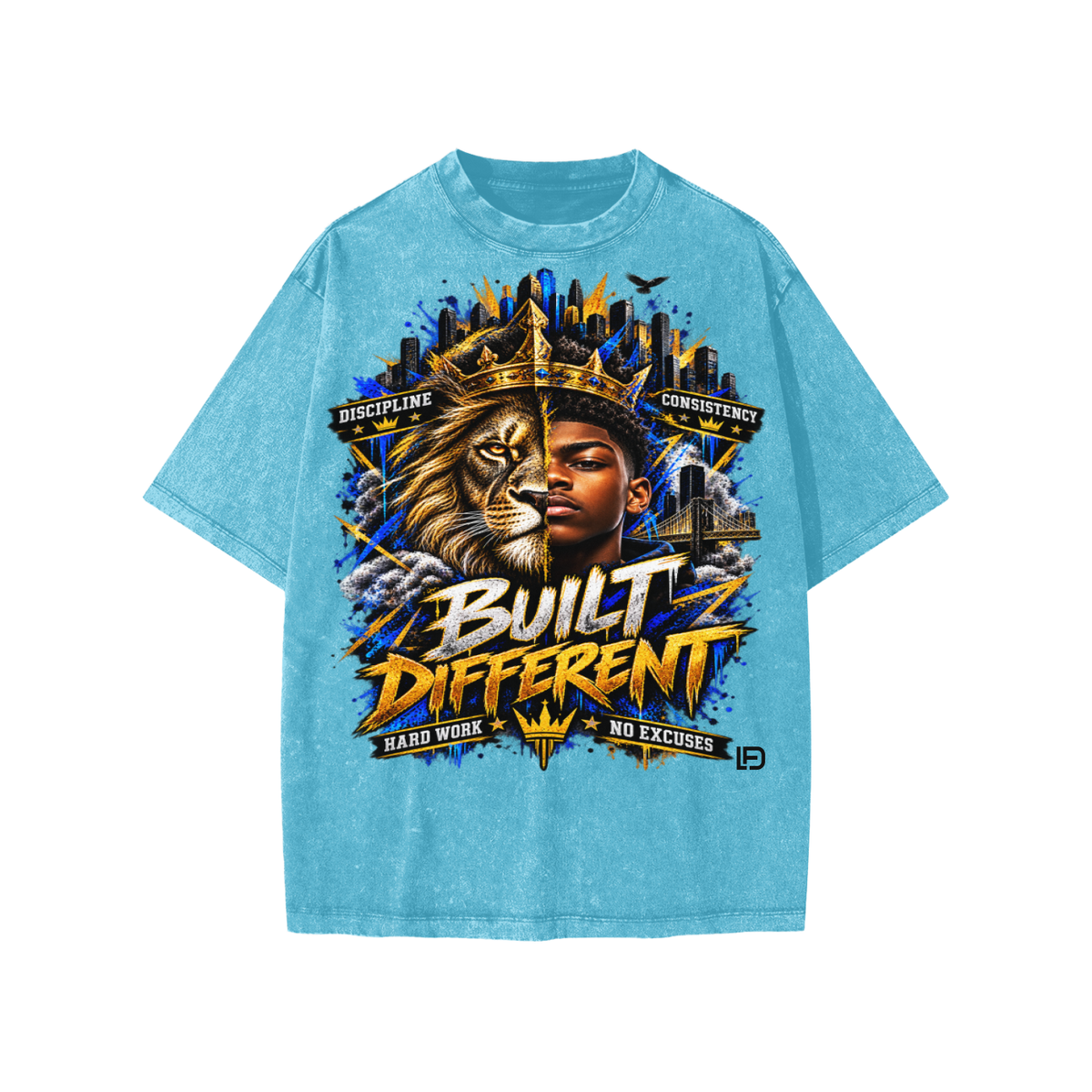 Kids & Teens Built Different: Crowned Duality Snow Washed Oversized Cotton T-Shirt
