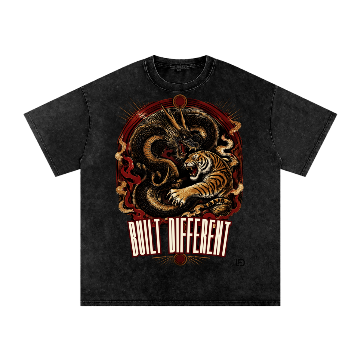 Dragon & Tiger Clash Snow Washed Oversized Cotton T-Shirt