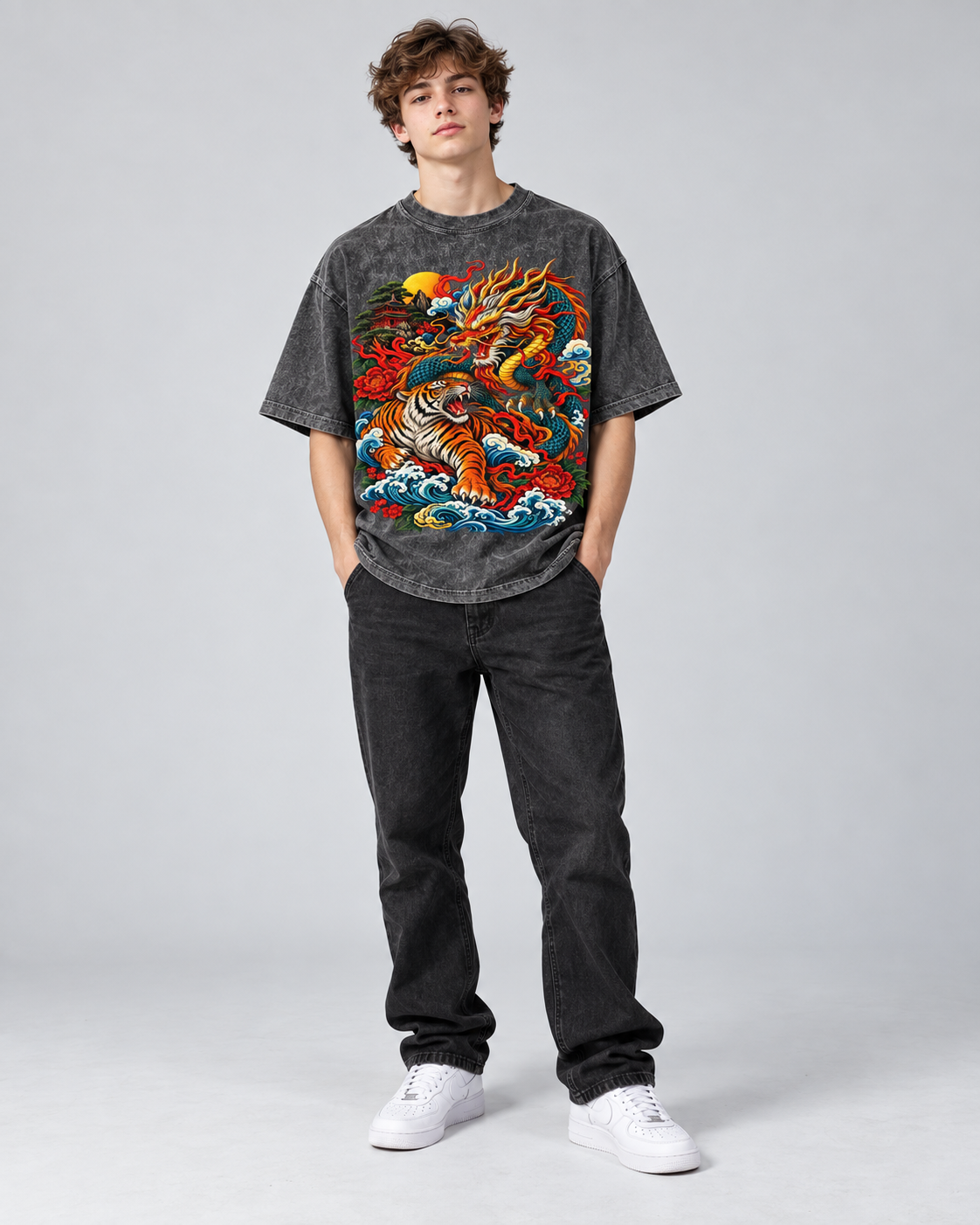 Kids & Teens Dragon and Tiger Mythic Clash – Snow Wash Raw-Hem Boxy T-Shirt