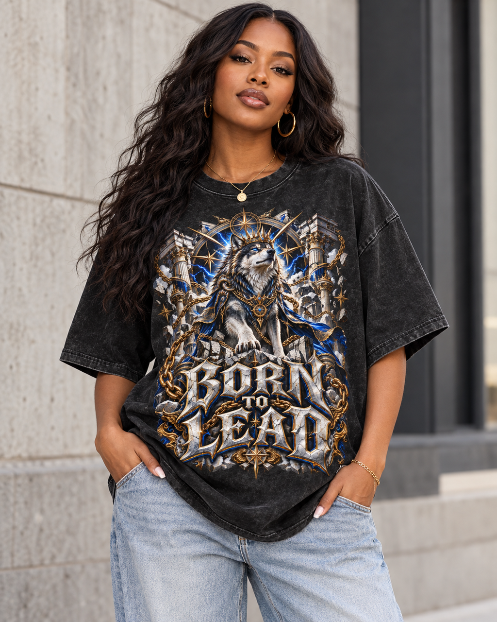 Born to Lead – Snow Washed Oversized Cotton Graphic T-Shirt