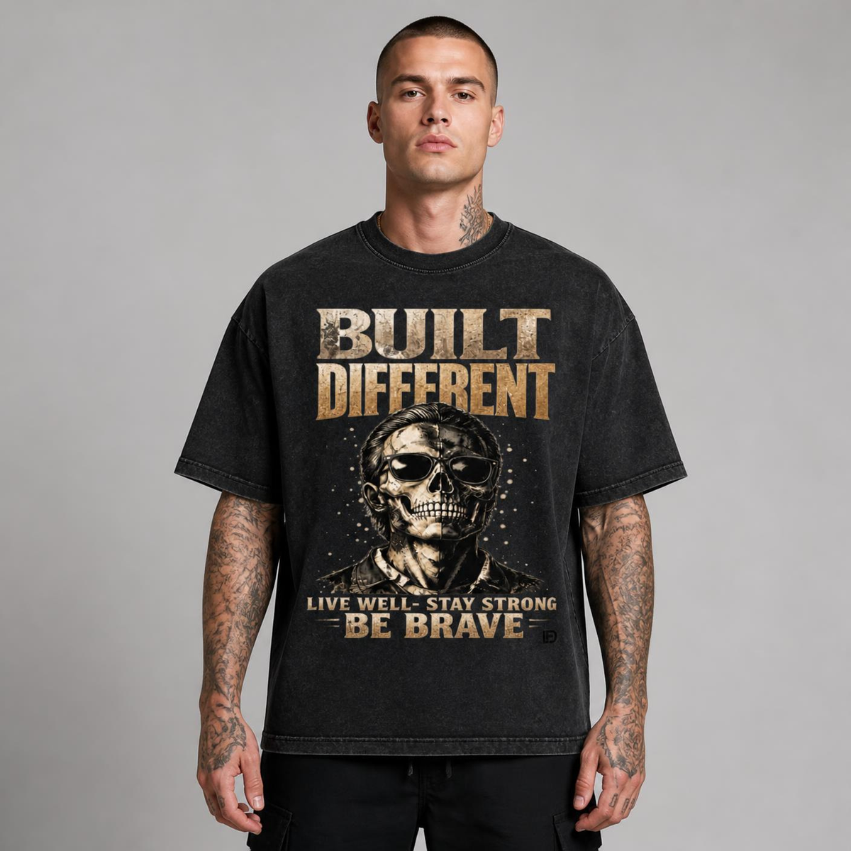 Built Different: Live Well, Stay Strong, Be Brave Snow Washed Oversized Cotton T-Shirt