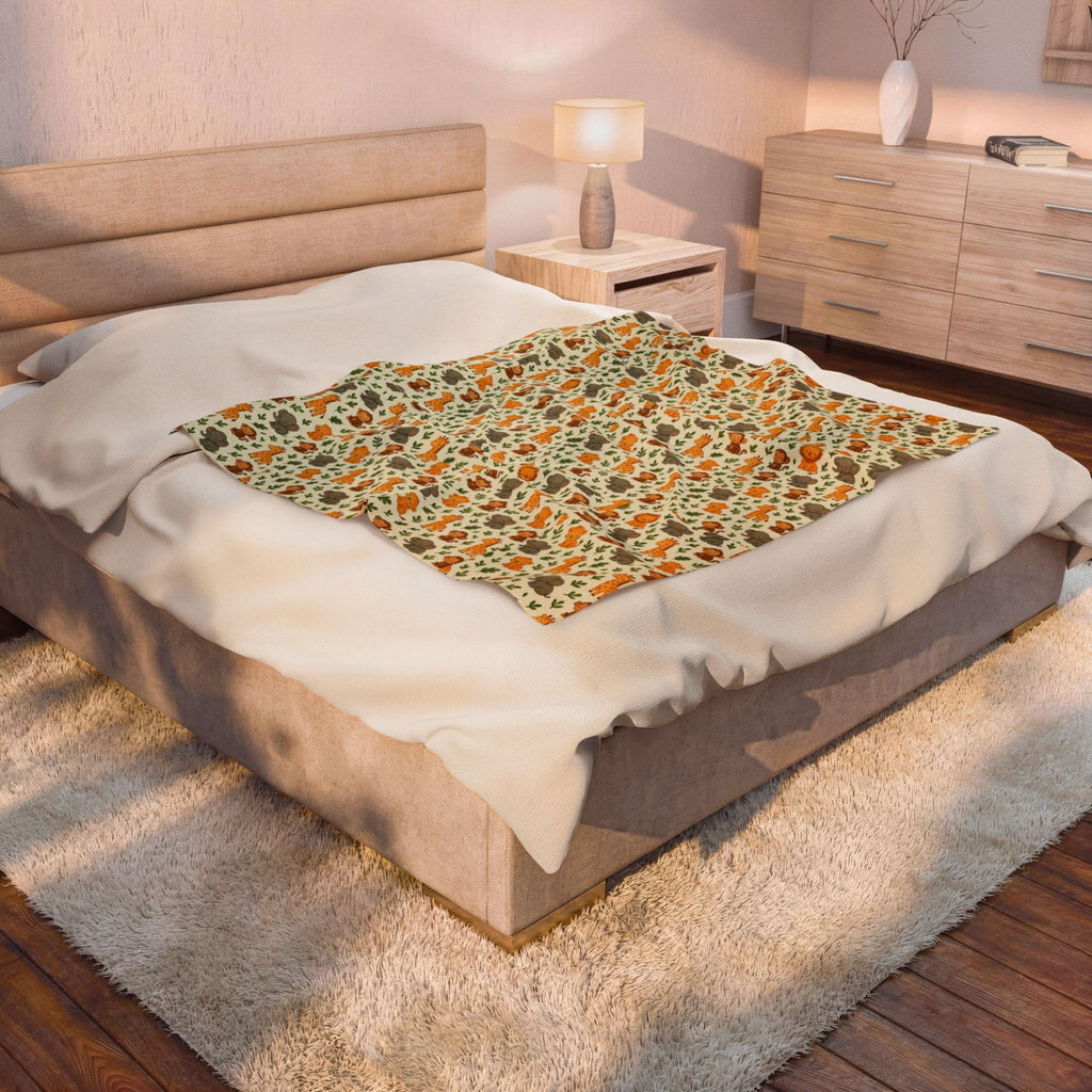 Autumn Woodland Animals Velveteen Plush Blanket | Fox & Mushroom Pattern