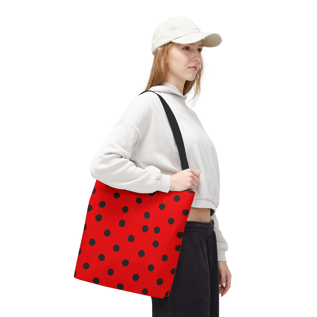 Black Polka Dot on Red Tote Bag