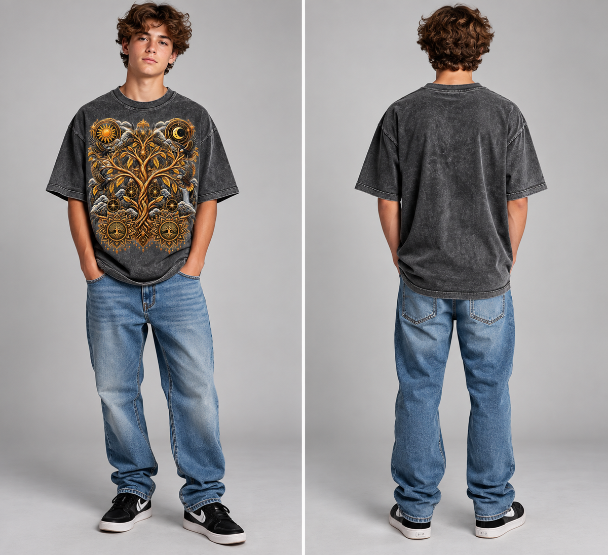 Kids & Teens Unified Celestial Tree Snow Washed Oversized Cotton T-Shirt