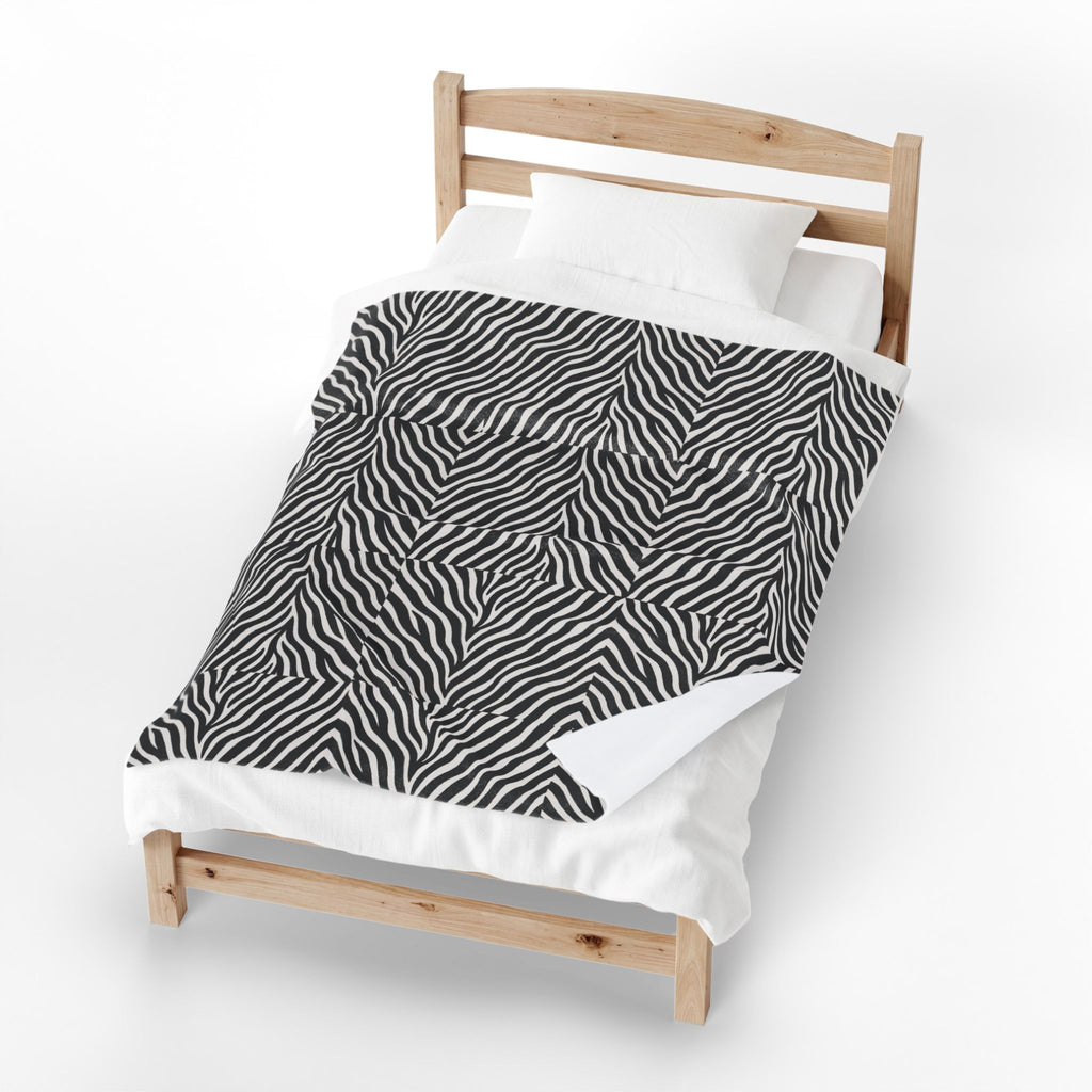 Zebra Stripe Pattern Velveteen Plush Blanket | Black White Animal Print