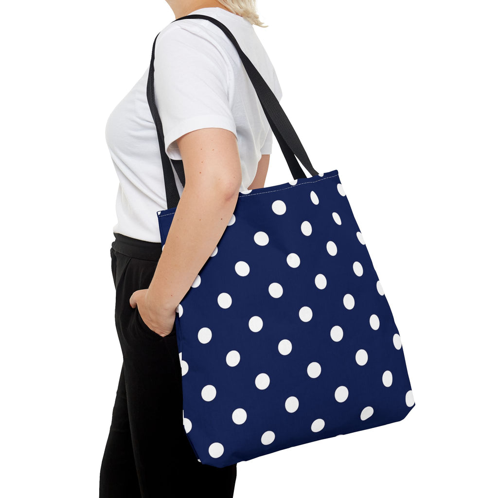 Navy Polka Dot Tote Bag | White Dots All Over Pattern