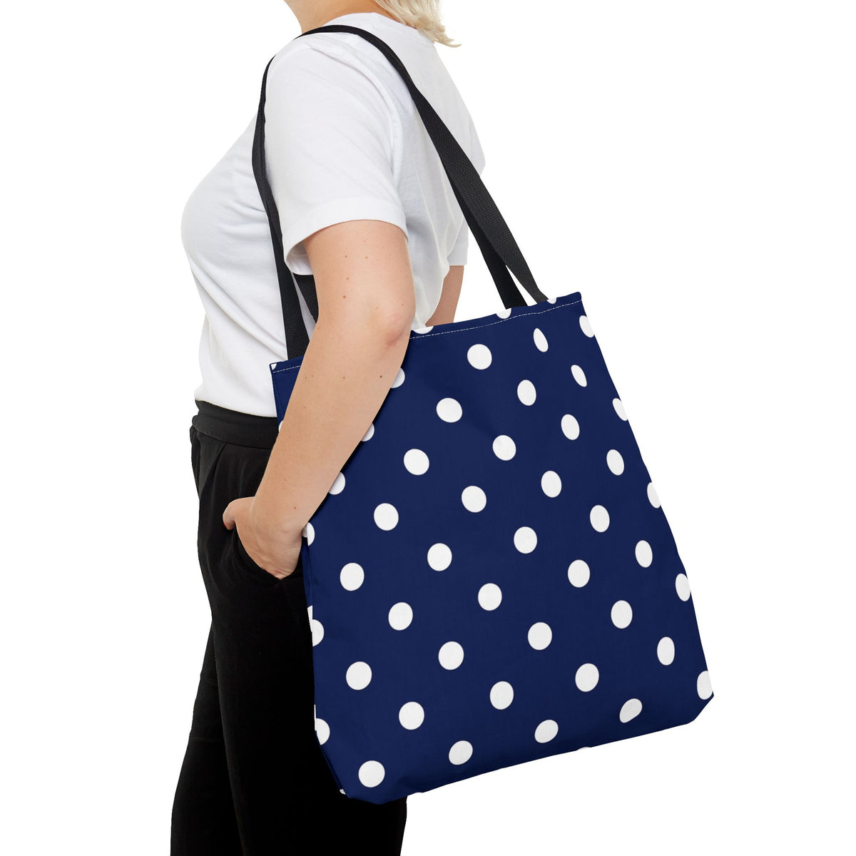 Navy Polka Dot Tote Bag | White Dots All Over Pattern