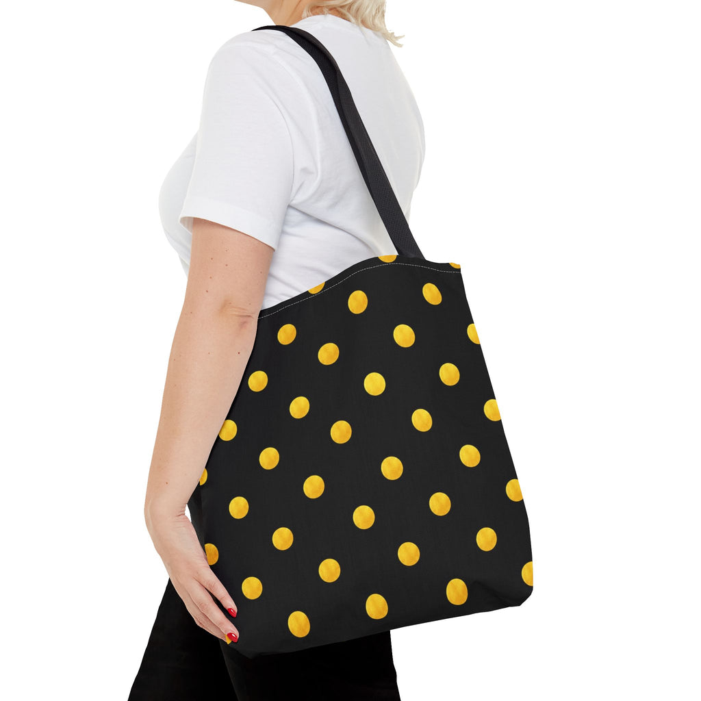 Gold Polka Dot Tote Bag | Black Background, Metallic Spot Pattern