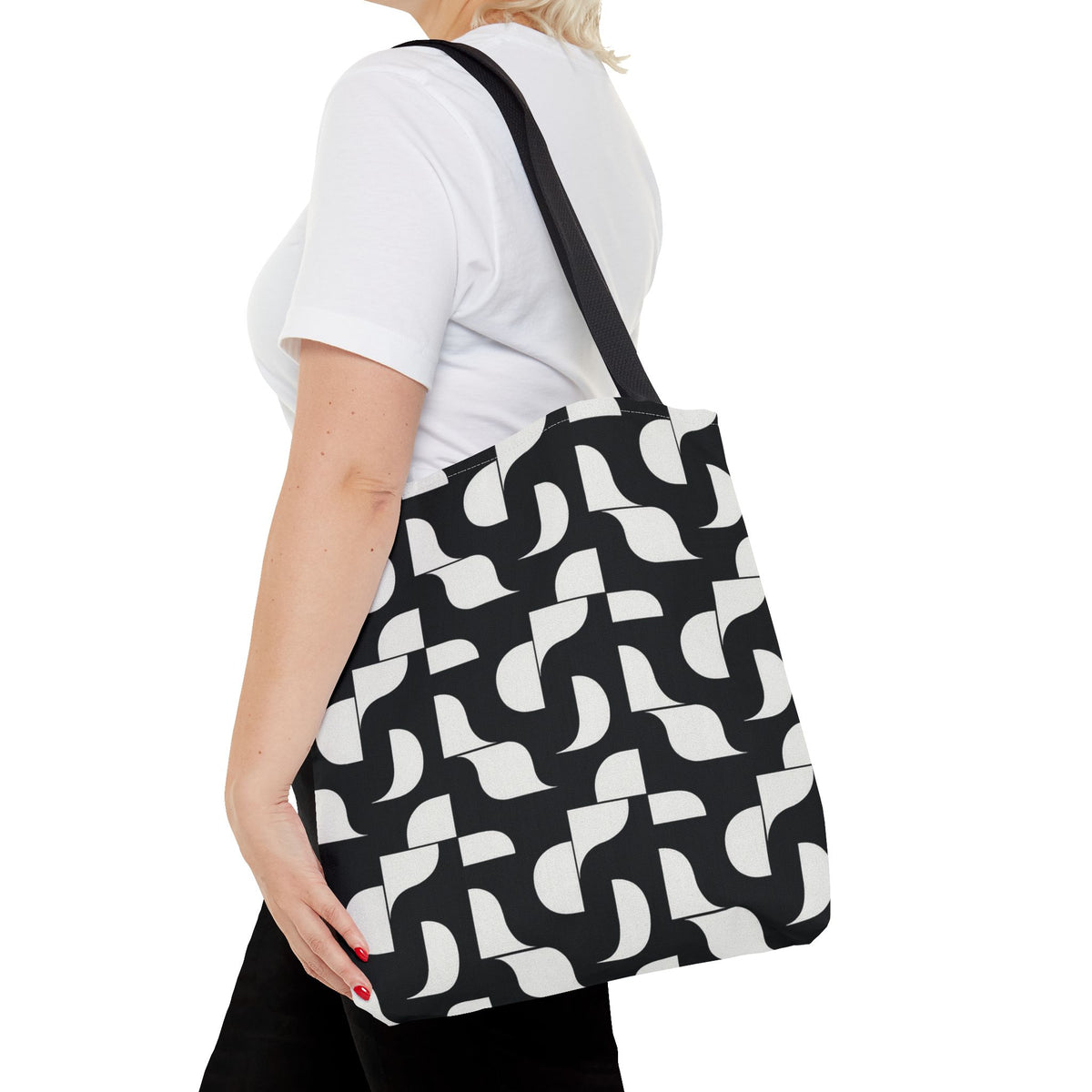 Monochrome Geometric Tote Bag, Black and White Patterned Shopping Bag, Stylish Shoulder Bag, Reusable Grocery Tote, Eco-Friendly Carryall,