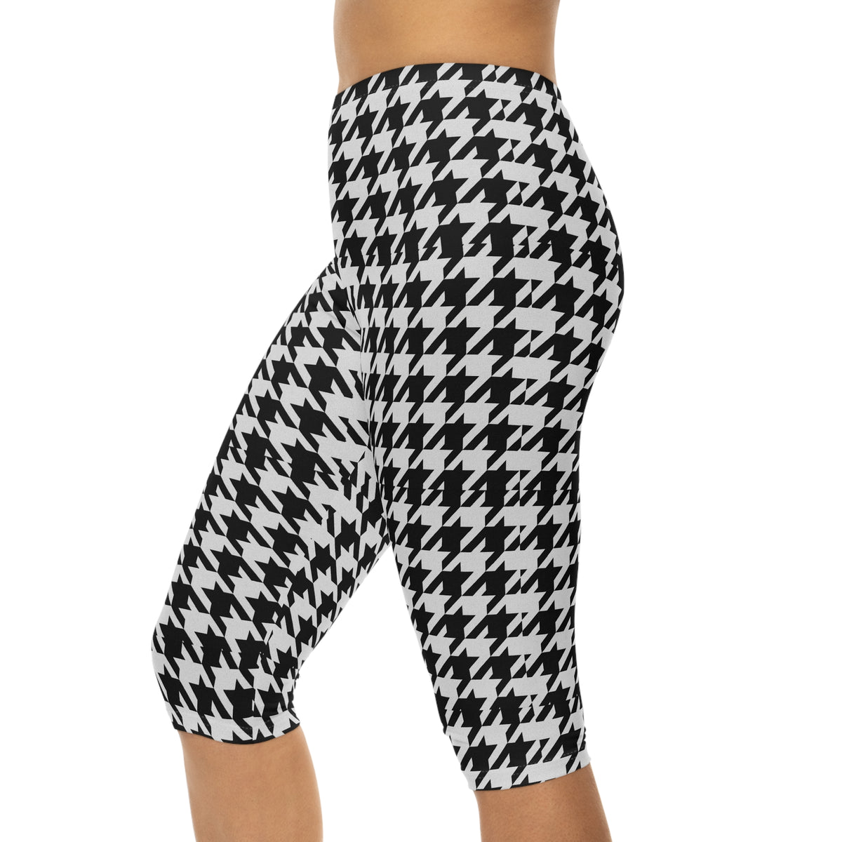 Black White Houndstooth Capri Leggings | Allover Print