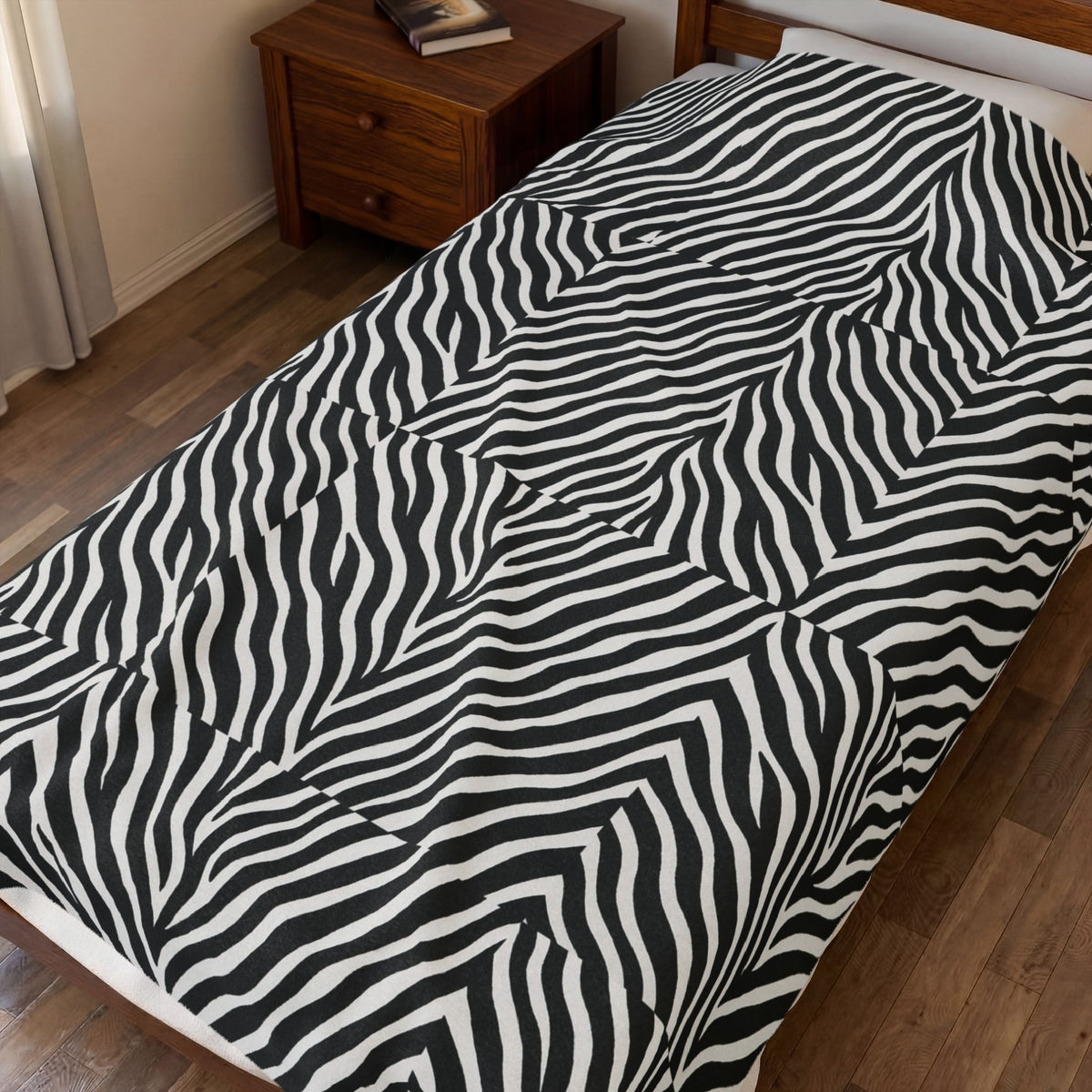 Zebra Stripe Pattern Velveteen Plush Blanket | Black White Animal Print