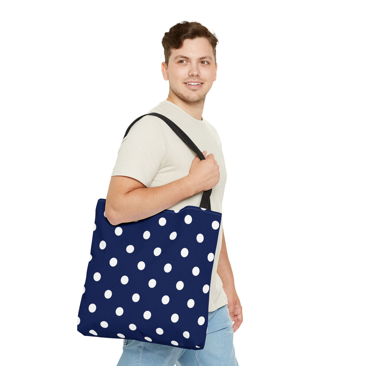 Navy Polka Dot Tote Bag | White Dots All Over Pattern