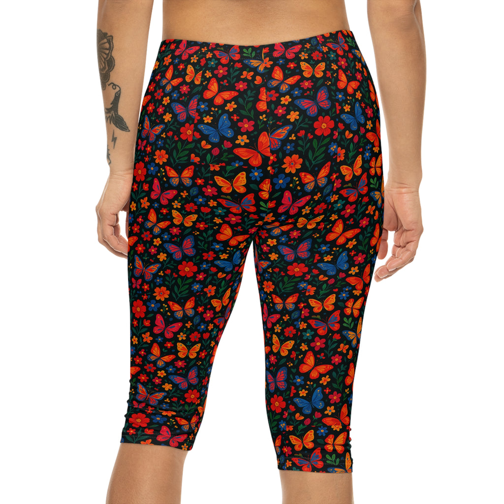 Colorful Butterfly Floral Capri Leggings | Bright All-Over Print