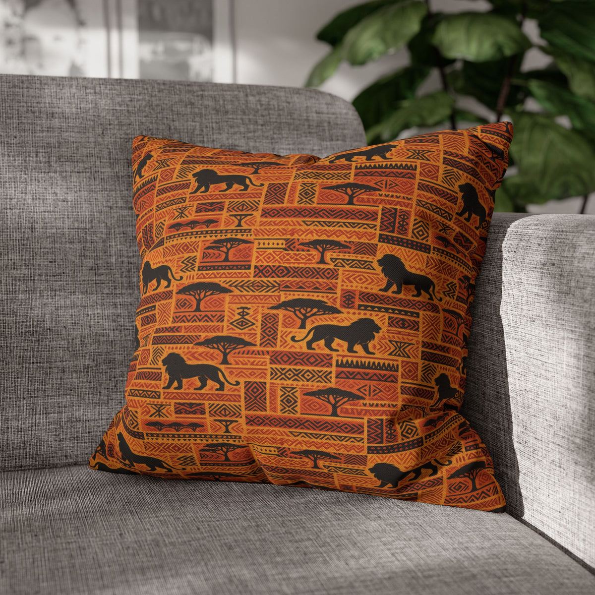 African Safari Pattern Pillowcase | Lion Silhouette Square Pillow