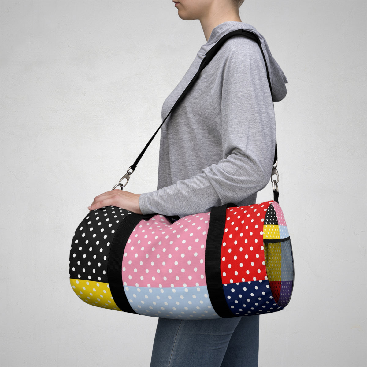 Polka Dot Patchwork Duffel Bag — Colorblock Travel & Gym Bag