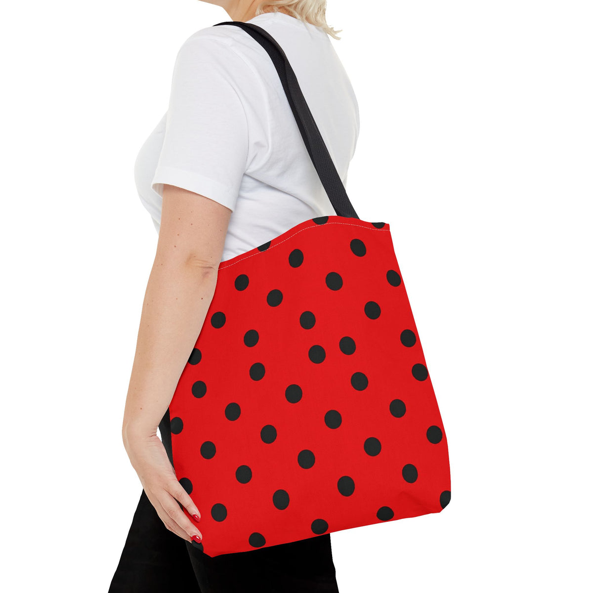 Black Polka Dot on Red Tote Bag