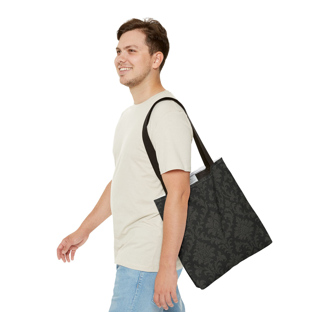 Dark Damask Pattern Tote Bag | Vintage Floral All-Over Print