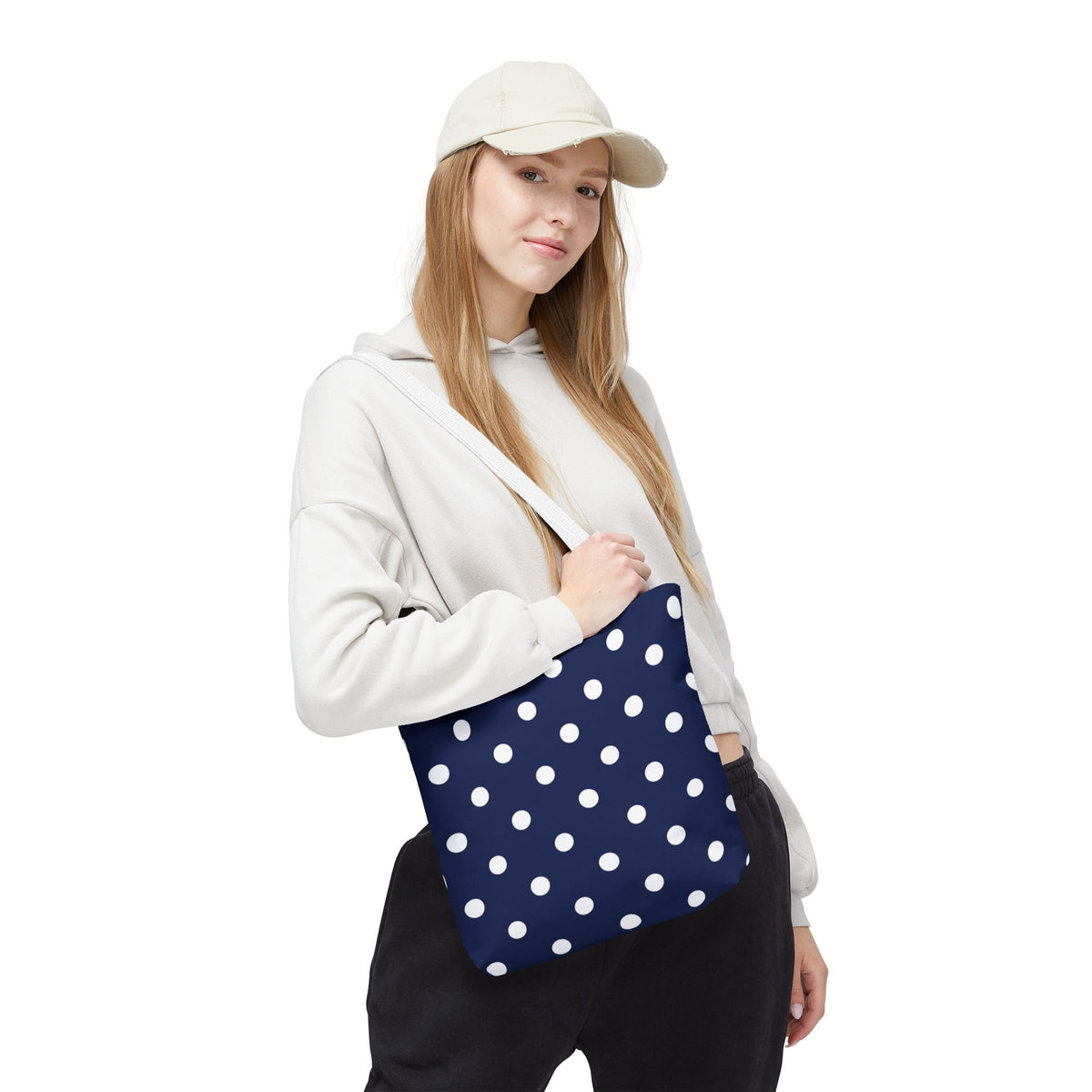Navy Polka Dot Tote Bag | White Dots All Over Pattern