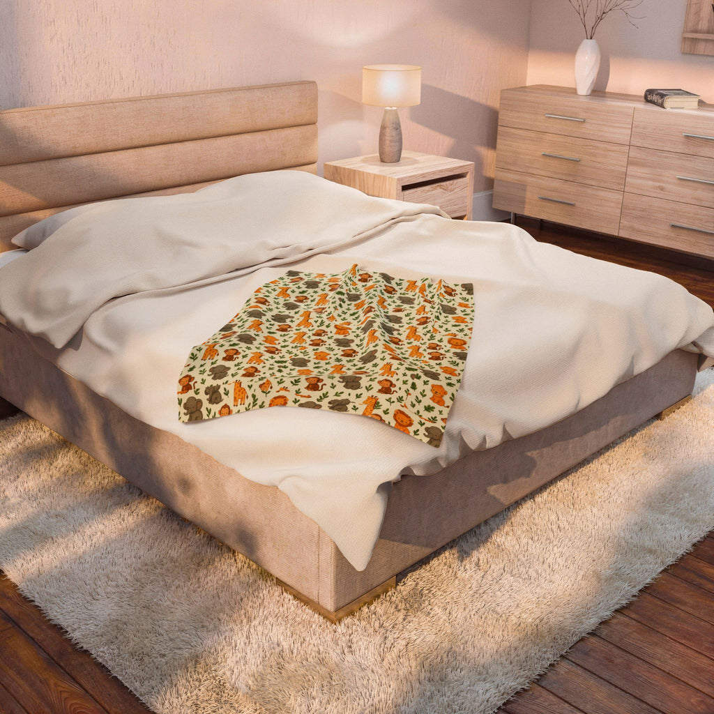 Autumn Woodland Animals Velveteen Plush Blanket | Fox & Mushroom Pattern