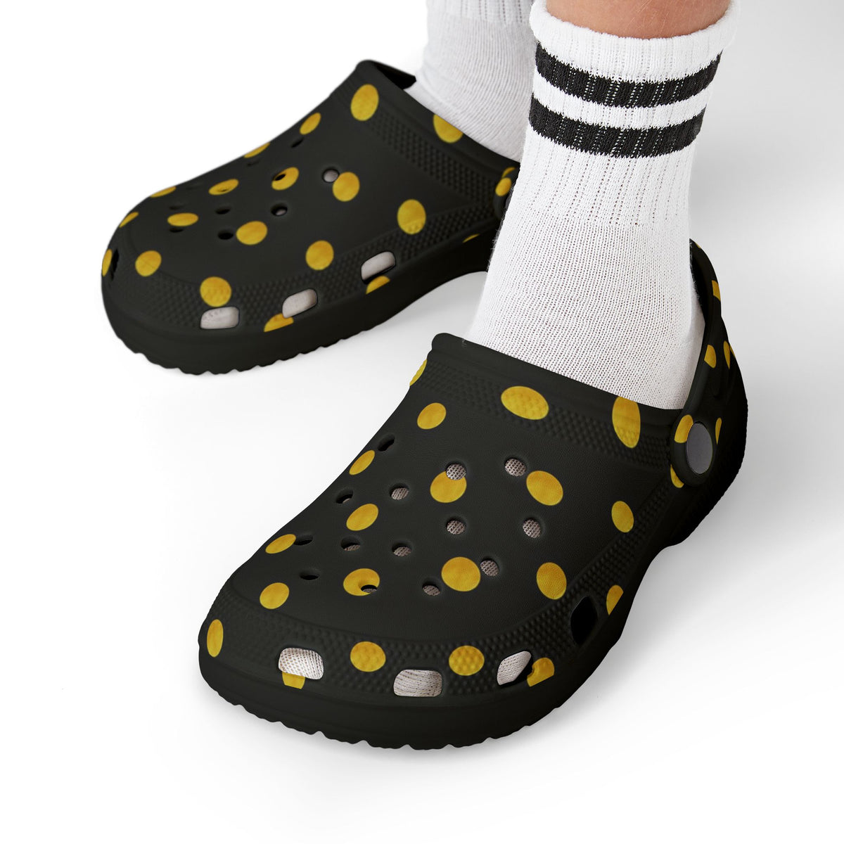 Kids Polka Dot Foam Clogs – Black & Yellow Comfortable Slip-On Shoes