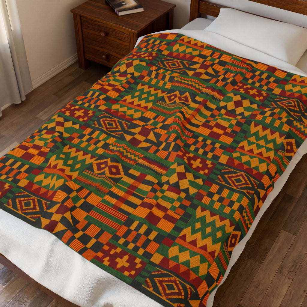 Kente Pattern Velveteen Plush Blanket | African Inspired Geometric Throw