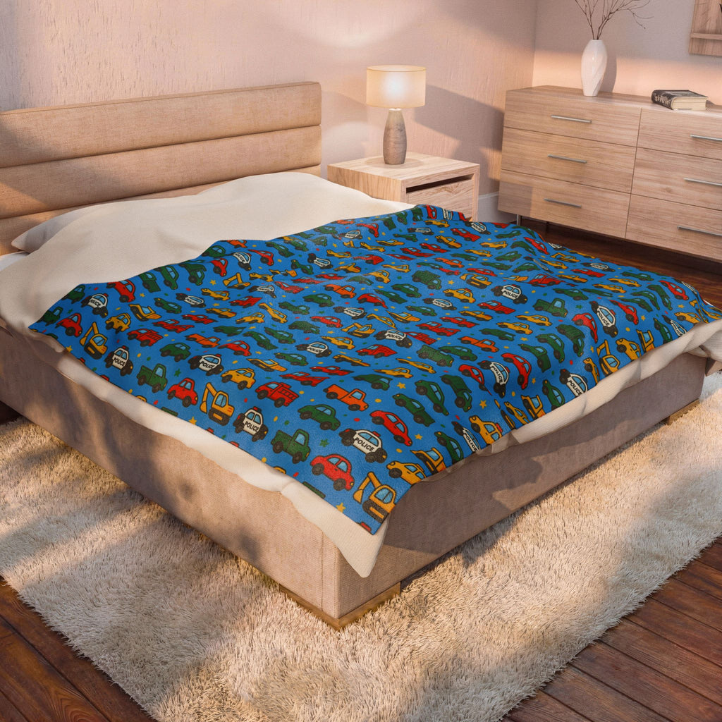 Colorful Toy Cars Pattern Velveteen Plush Blanket | Kids Car Print Throw