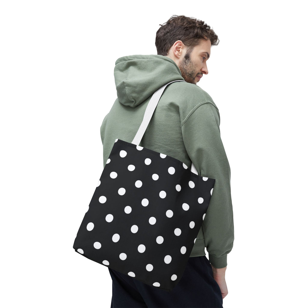 Black Polka Dot Tote Bag | White Dots on Black Background
