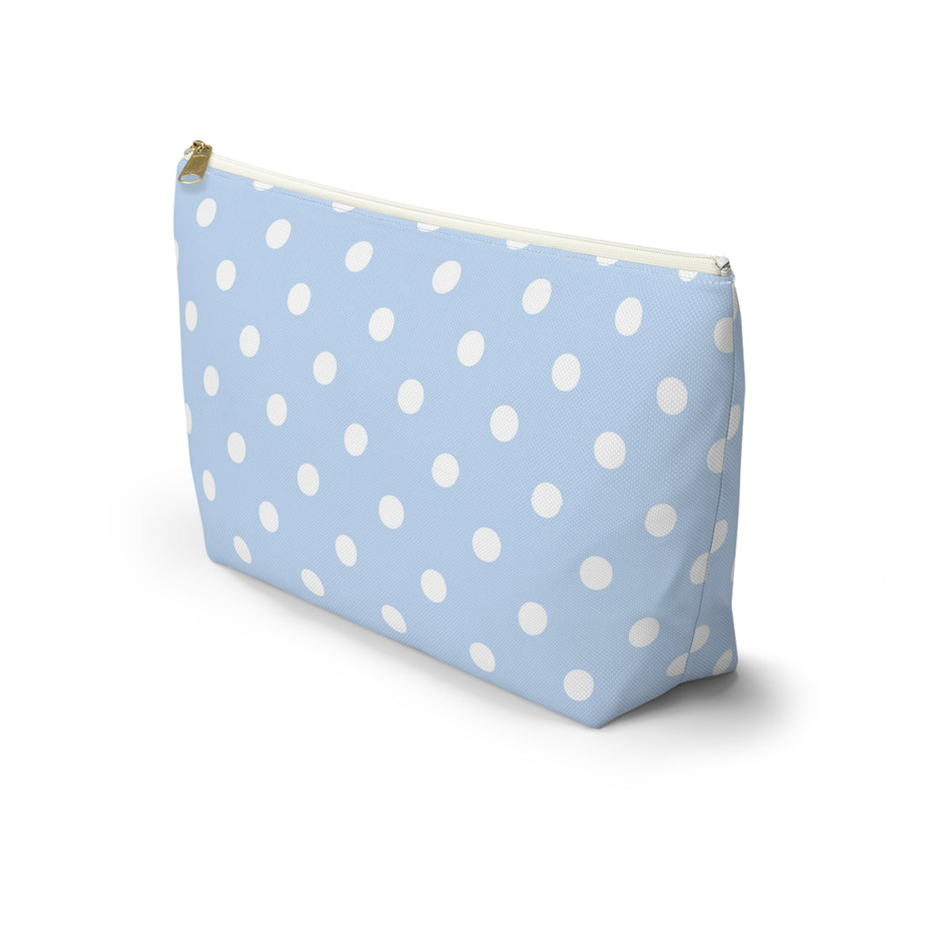 Light Blue Polka Dot Accessory Pouch w T-bottom | Makeup Bag