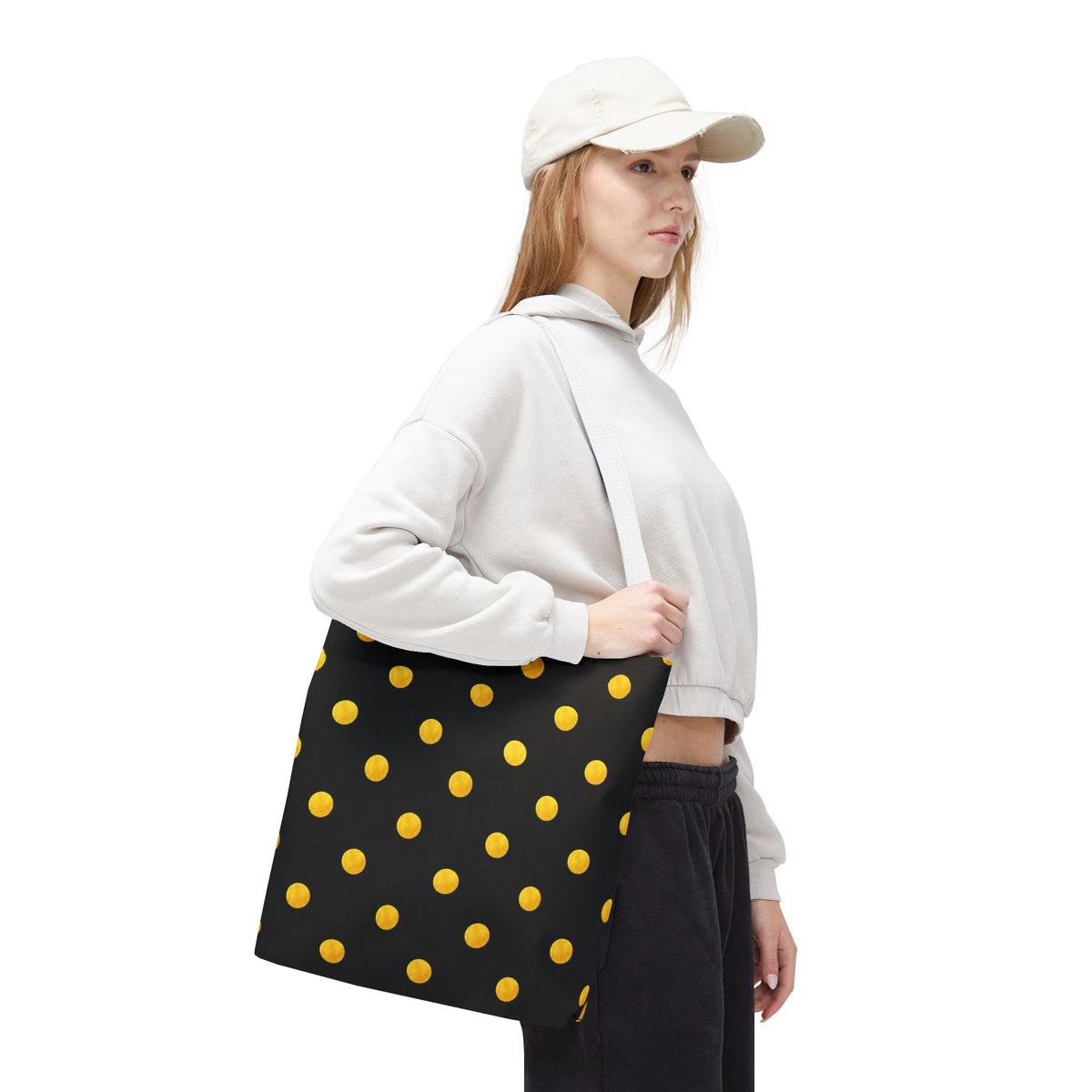 Gold Polka Dot Tote Bag | Black Background, Metallic Spot Pattern