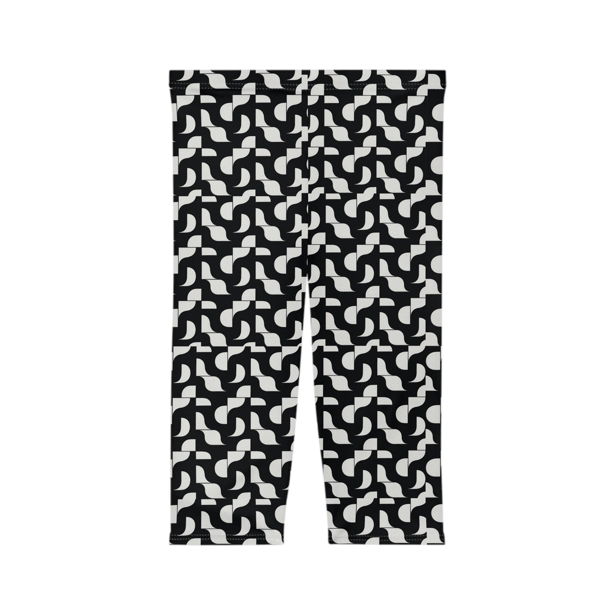 Black White Geometric Pattern Capri Leggings | Retro Tile Print