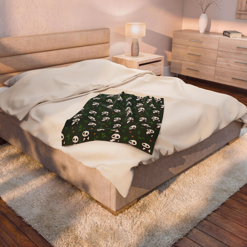 Panda Pattern Velveteen Plush Blanket | Green Skull Floral Repeat