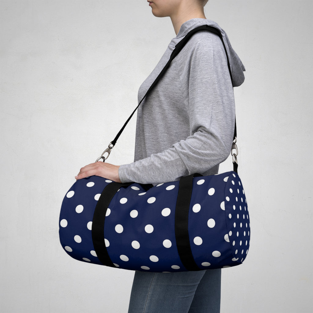 Navy Polka Dot Duffel Bag — Stylish Travel & Gym Tote