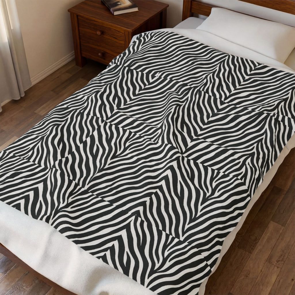 Zebra Stripe Pattern Velveteen Plush Blanket | Black White Animal Print