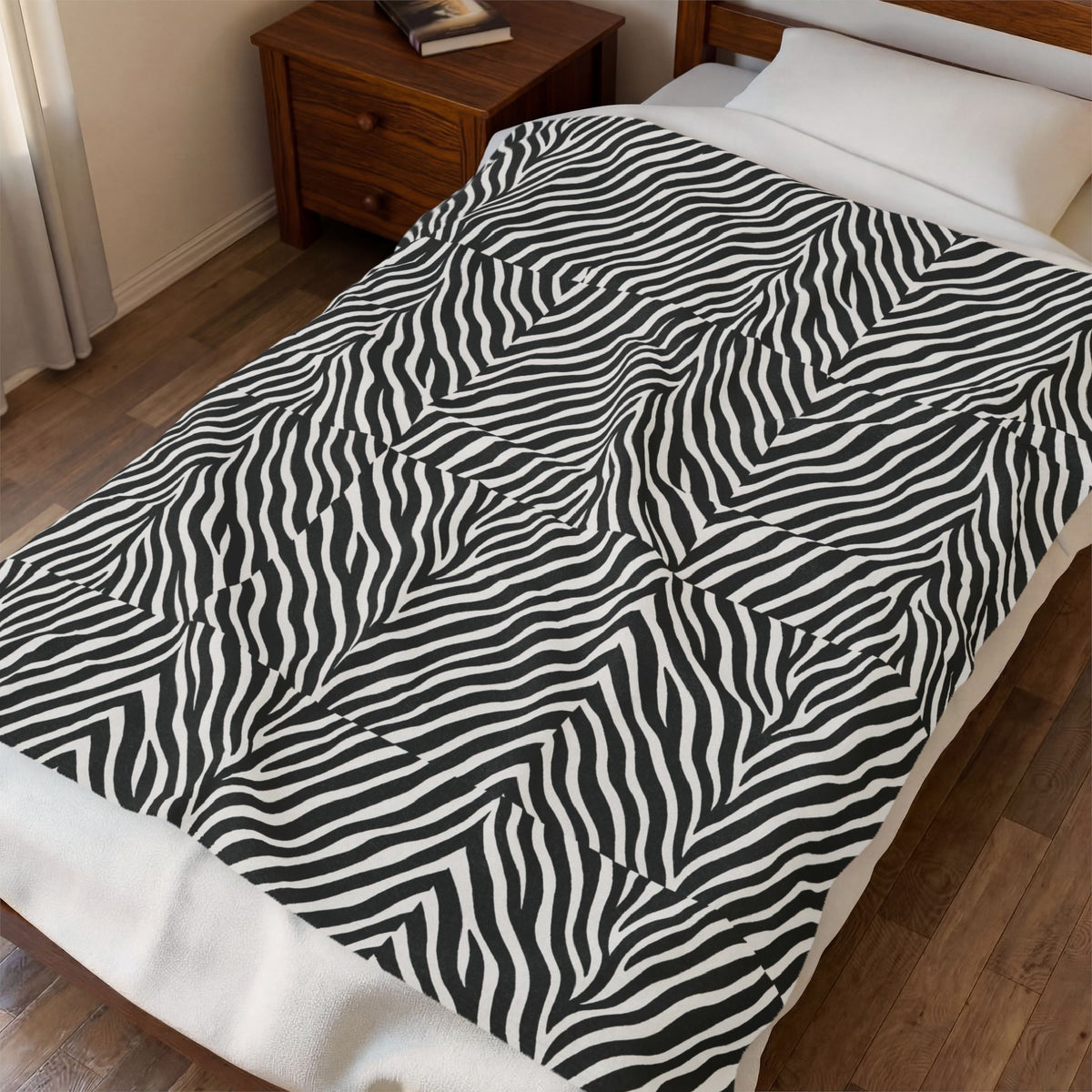 Zebra Stripe Pattern Velveteen Plush Blanket | Black White Animal Print