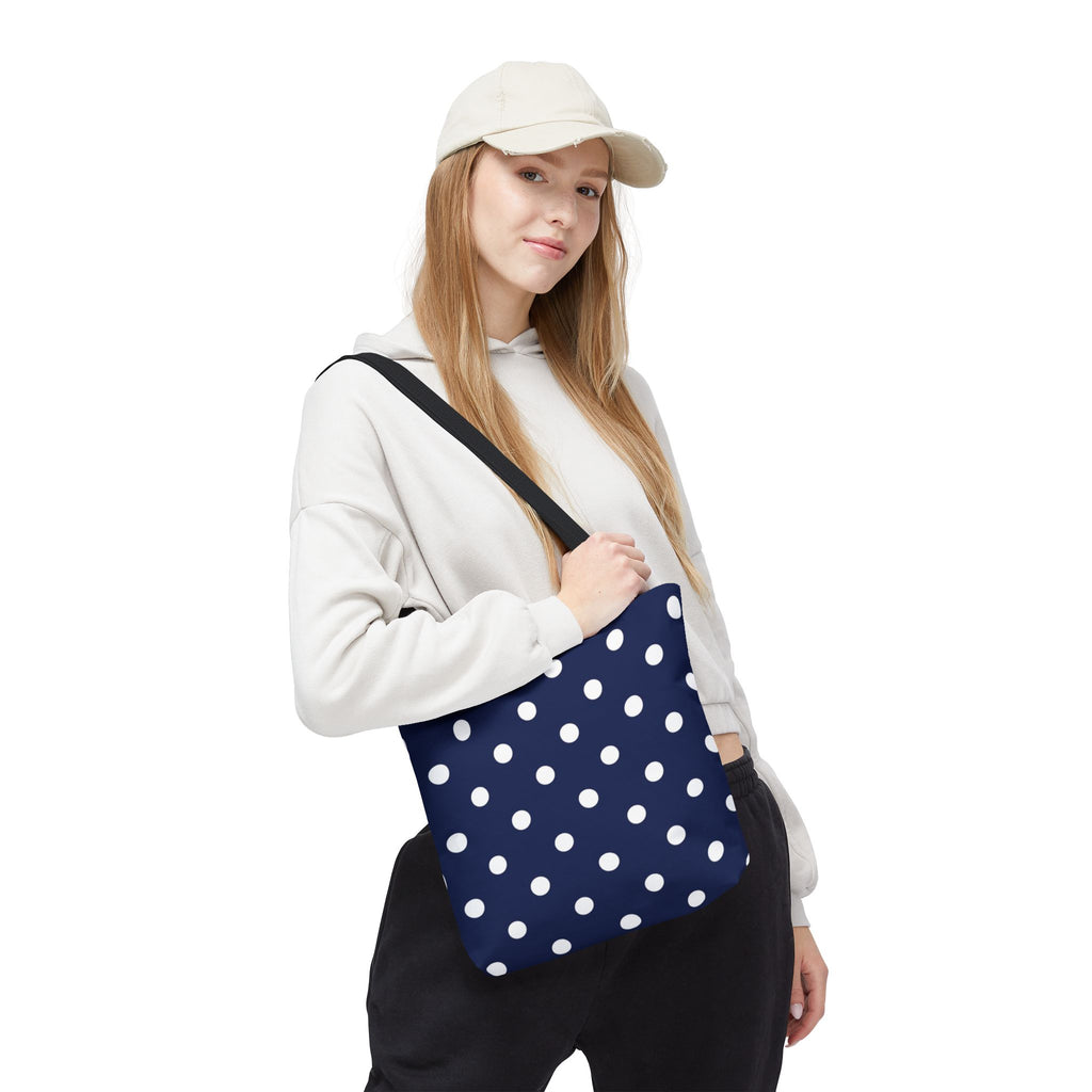 Navy Polka Dot Tote Bag | White Dots All Over Pattern