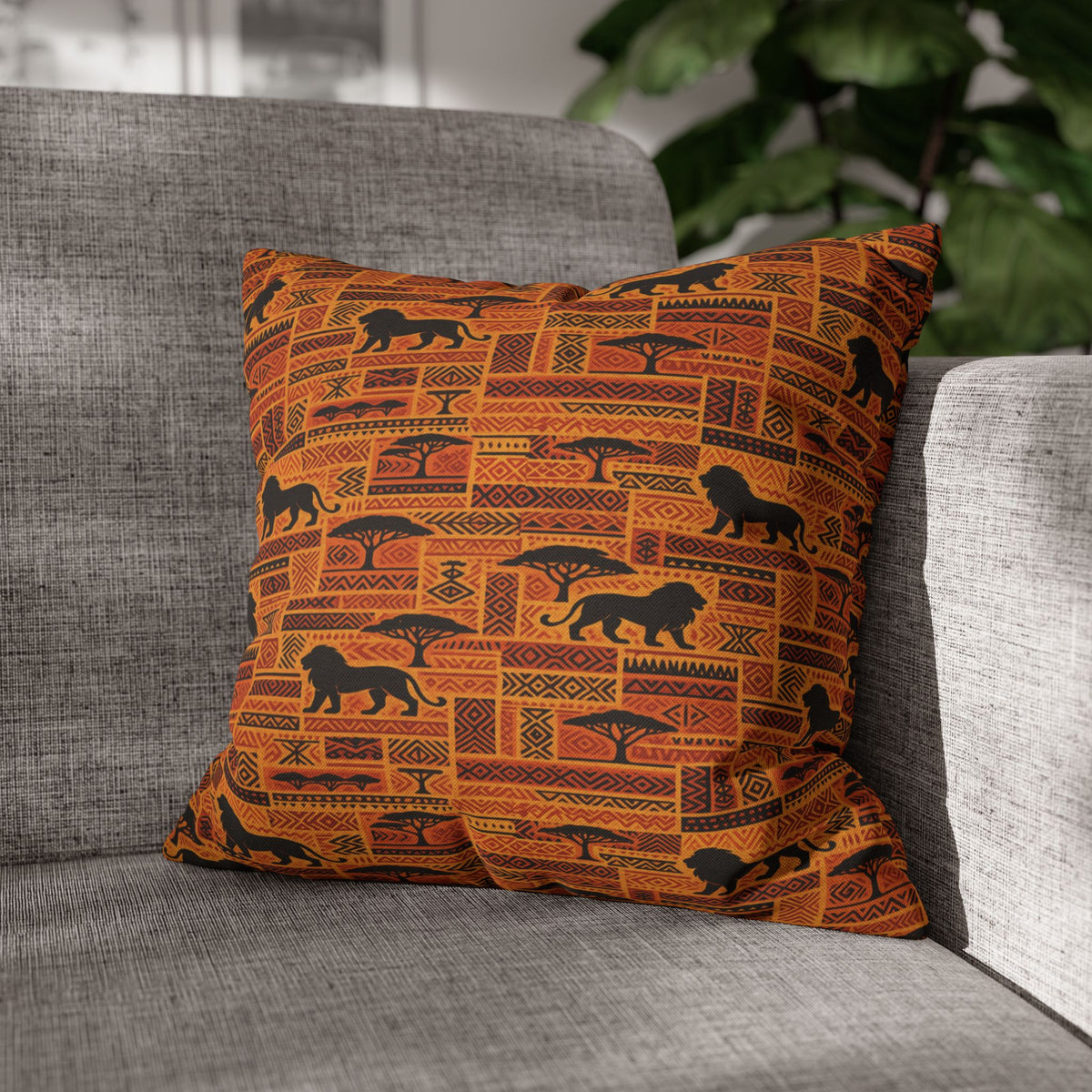 African Safari Pattern Pillowcase | Lion Silhouette Square Pillow