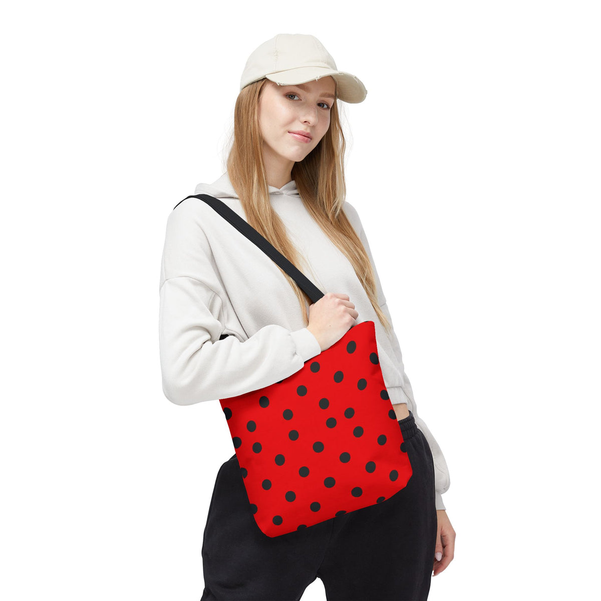 Black Polka Dot on Red Tote Bag