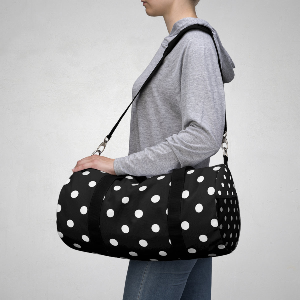 Black Polka Dot Duffel Bag — Classic Travel & Gym Tote