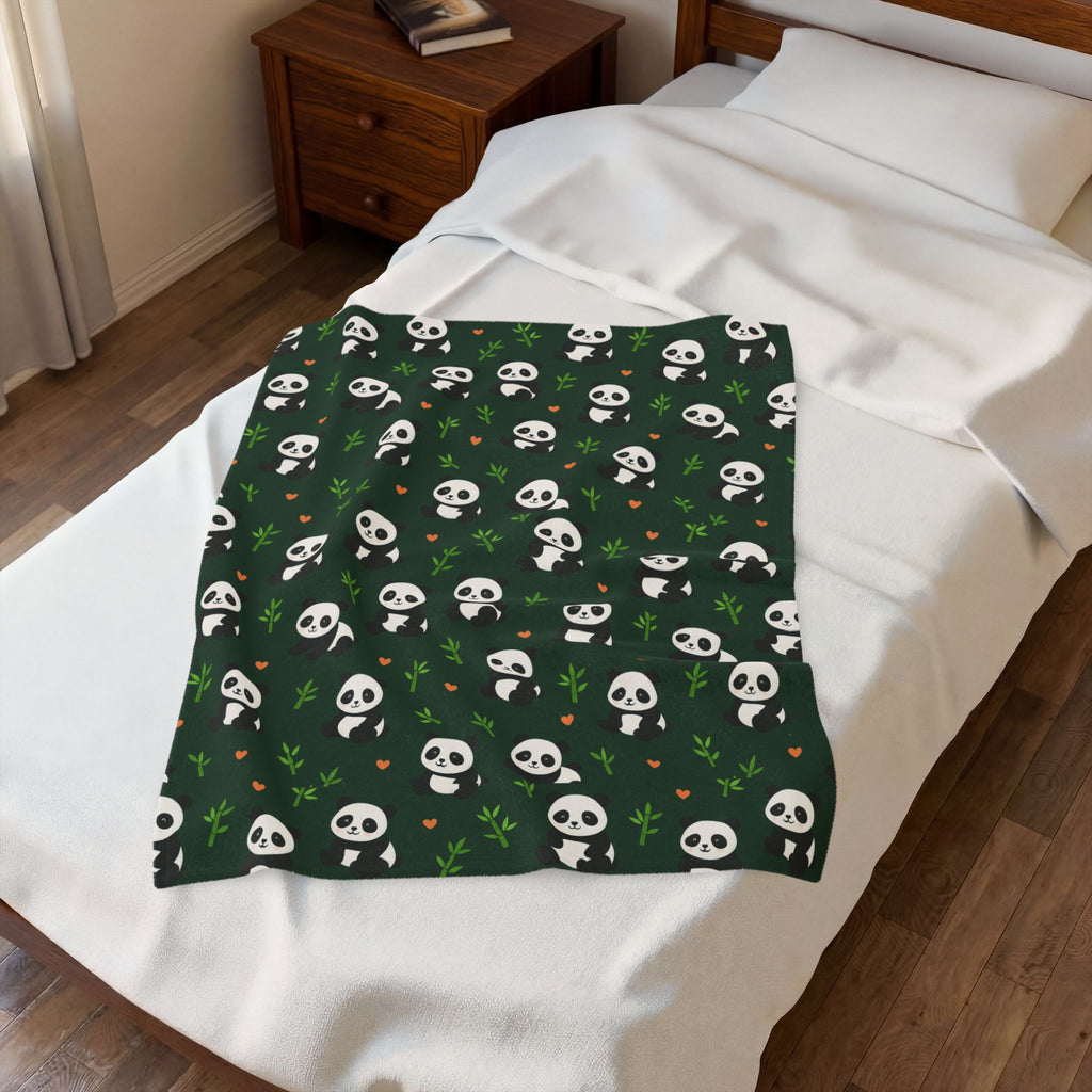Panda Pattern Velveteen Plush Blanket | Green Skull Floral Repeat