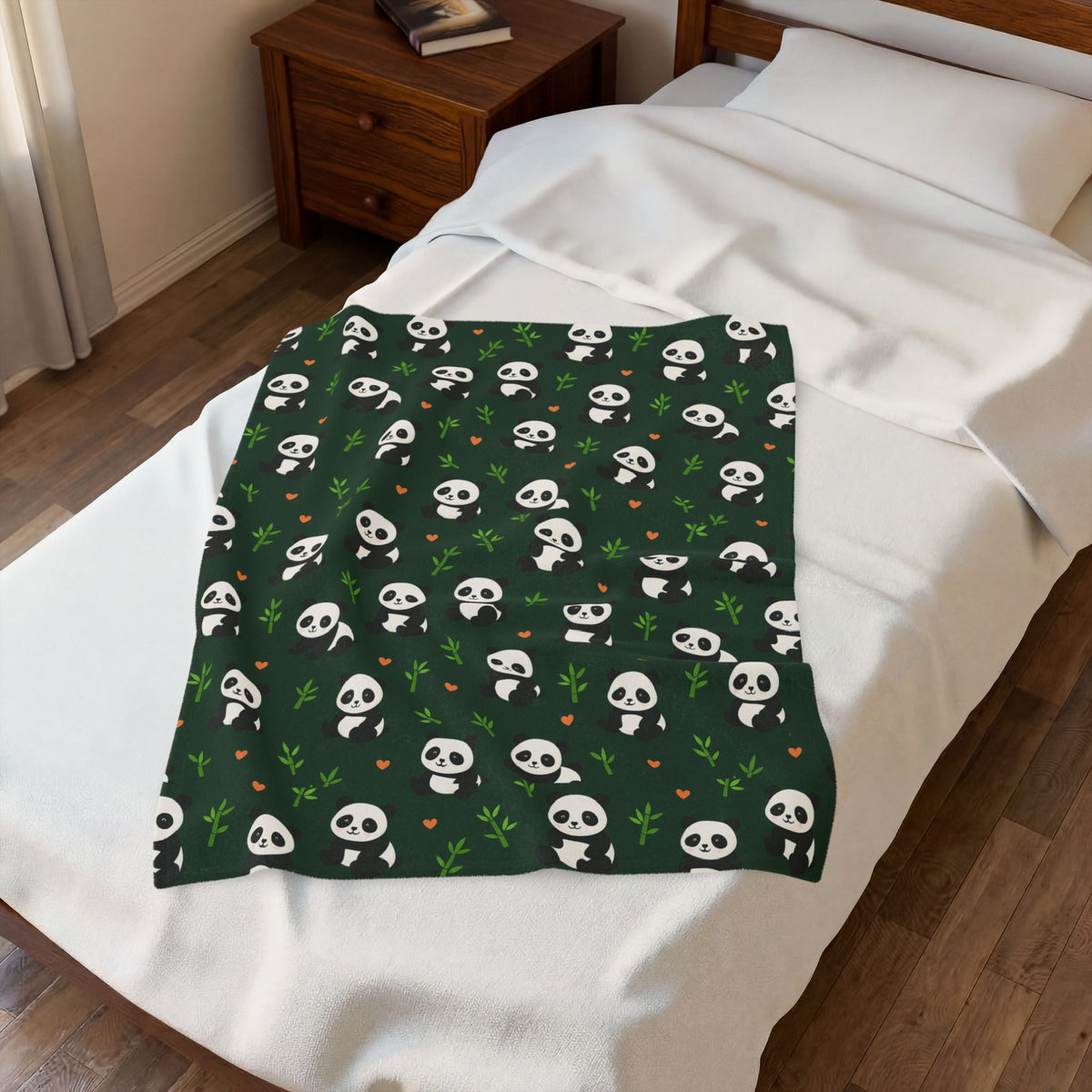 Panda Pattern Velveteen Plush Blanket | Green Skull Floral Repeat
