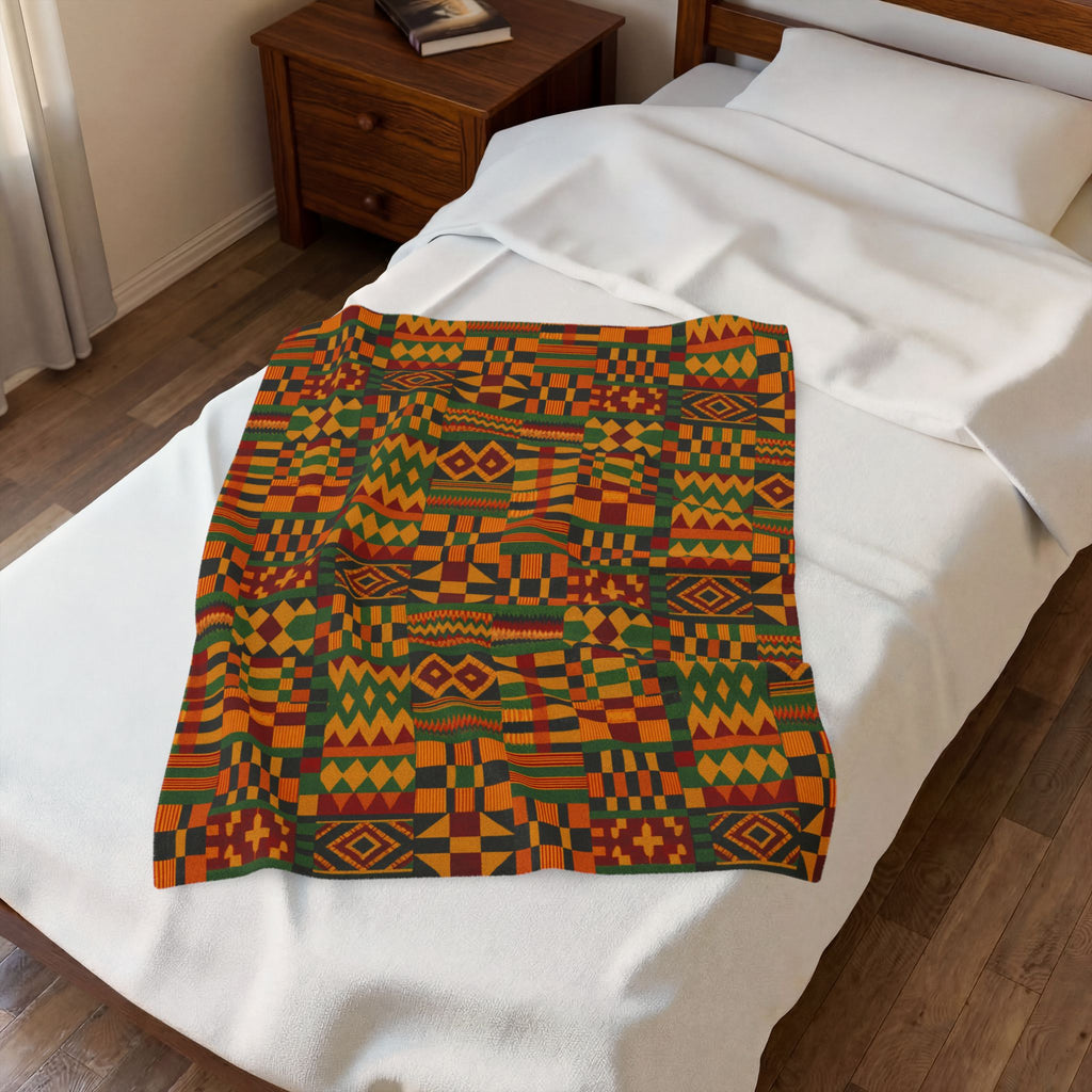 Kente Pattern Velveteen Plush Blanket | African Inspired Geometric Throw