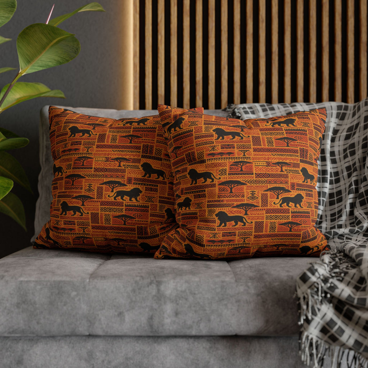 African Safari Pattern Pillowcase | Lion Silhouette Square Pillow