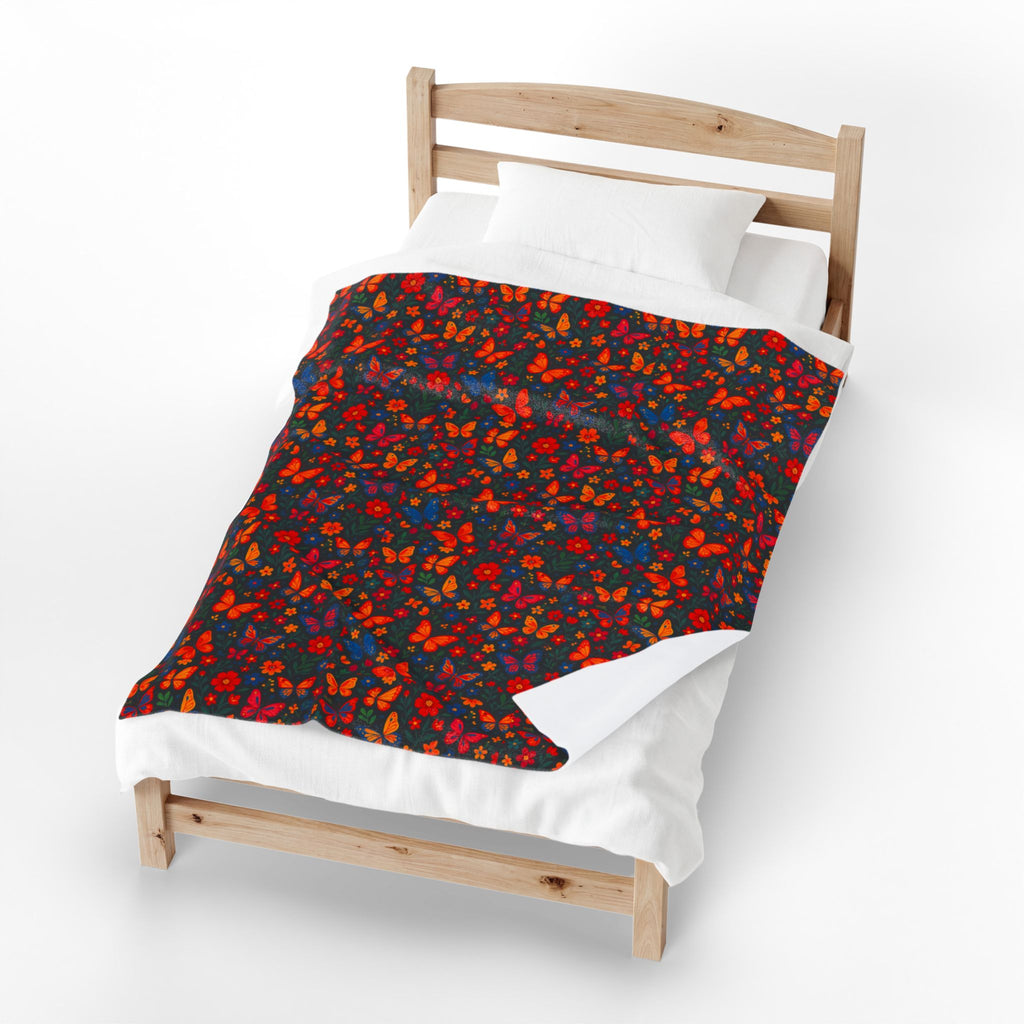 Autumn Butterflies Velveteen Plush Blanket | Fall Leaf Pattern, Cozy Throw Blanket, Fluttering Butterfly Bedding, Soft Autumn Lap Blanket,