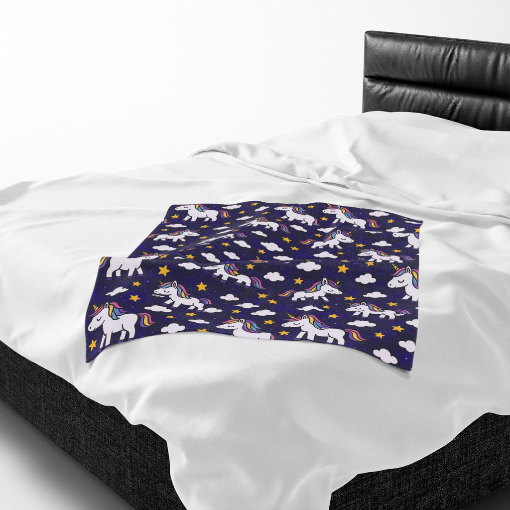 Cute Rainbow Unicorn Pattern Velveteen Plush Blanket | Navy Stars Clouds