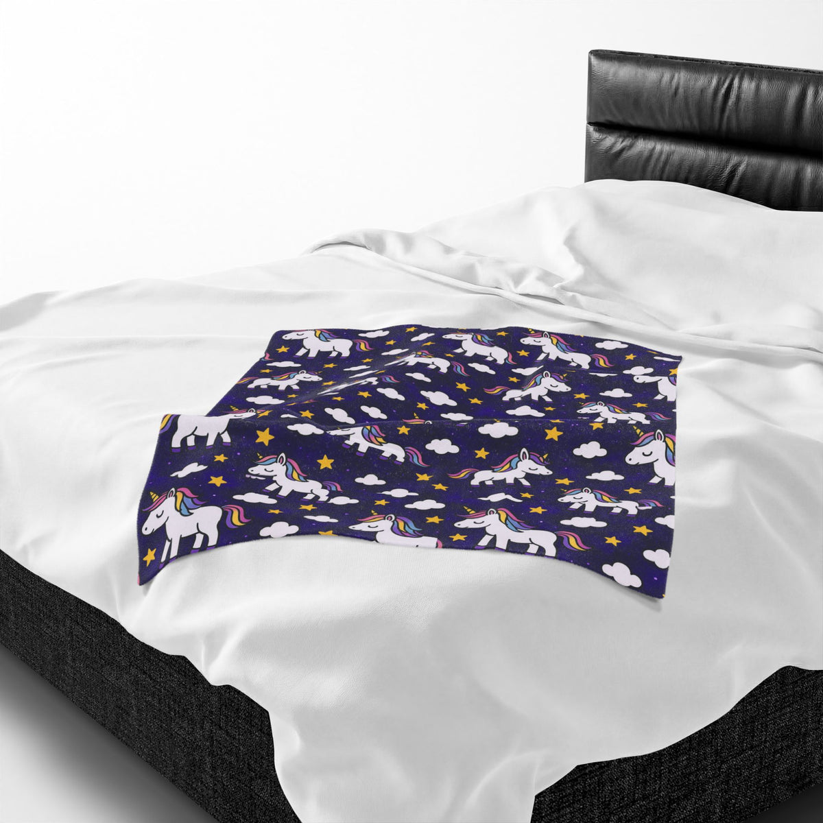 Cute Rainbow Unicorn Pattern Velveteen Plush Blanket | Navy Stars Clouds
