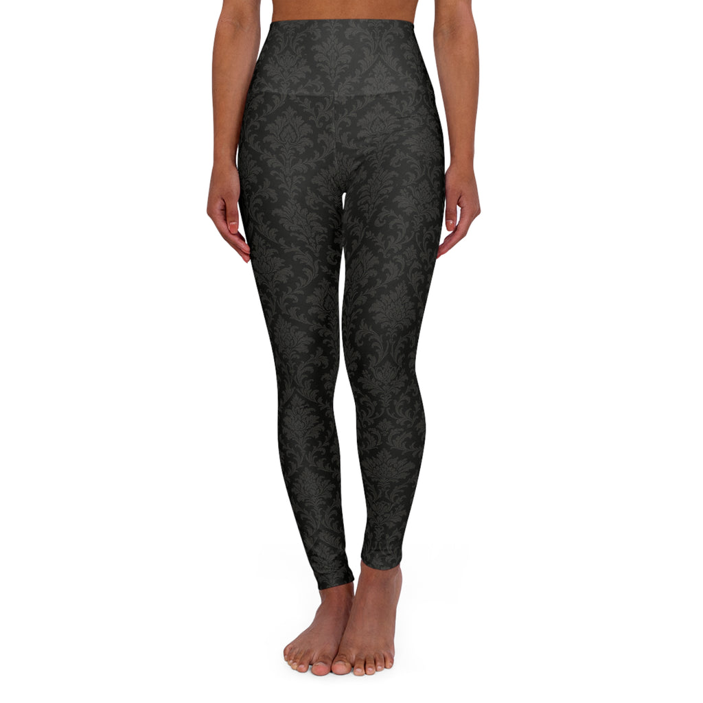 Black Damask Pattern High Waisted Yoga Leggings | All-Over Print