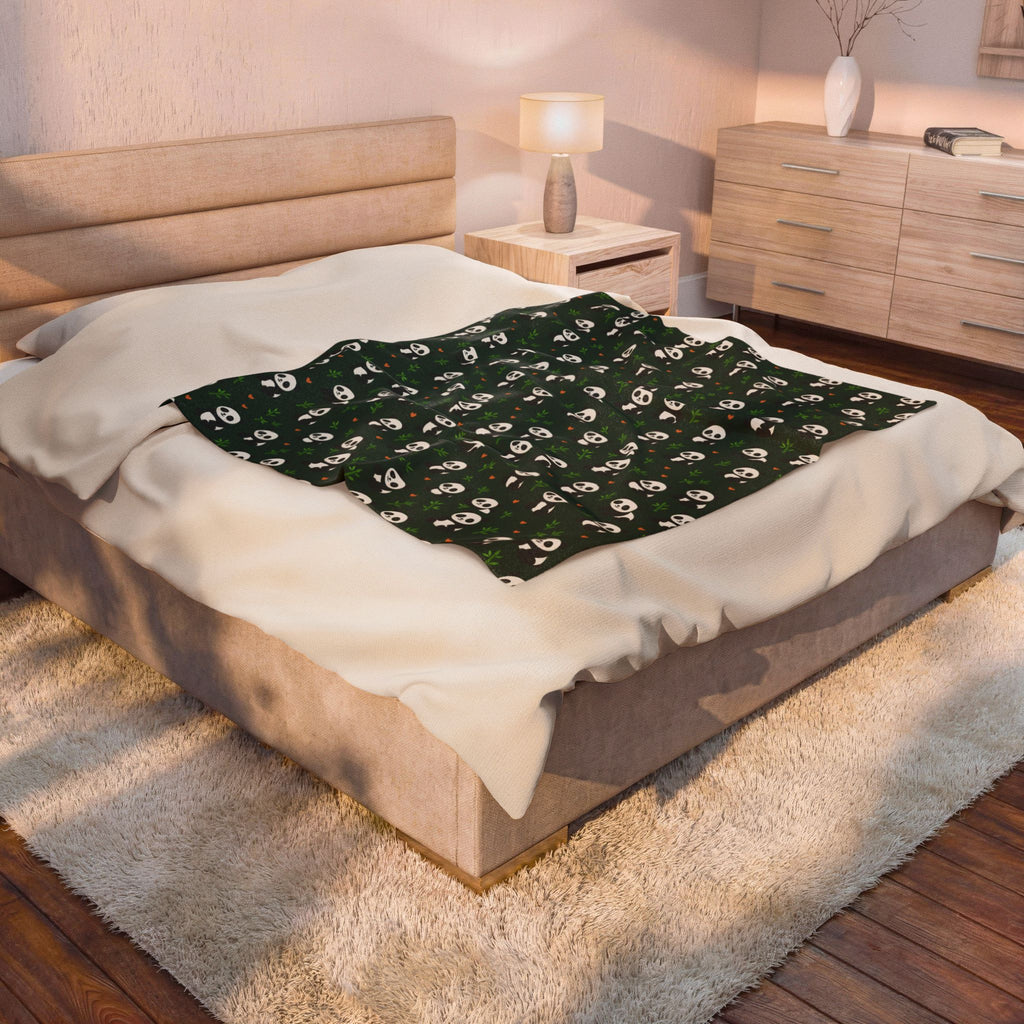 Panda Pattern Velveteen Plush Blanket | Green Skull Floral Repeat