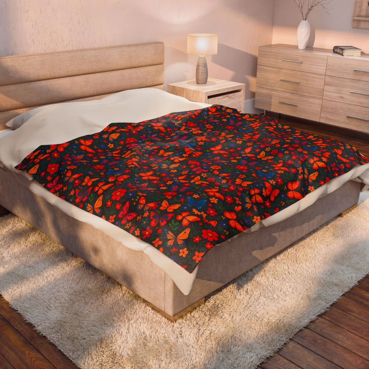 Autumn Butterflies Velveteen Plush Blanket | Fall Leaf Pattern, Cozy Throw Blanket, Fluttering Butterfly Bedding, Soft Autumn Lap Blanket,